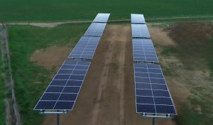 Champ de trackers Falco solar modèle Terra installés en extérieur, solution idéale pour l’agriculture, avec des panneaux solaires orientables suivant la course du soleil.