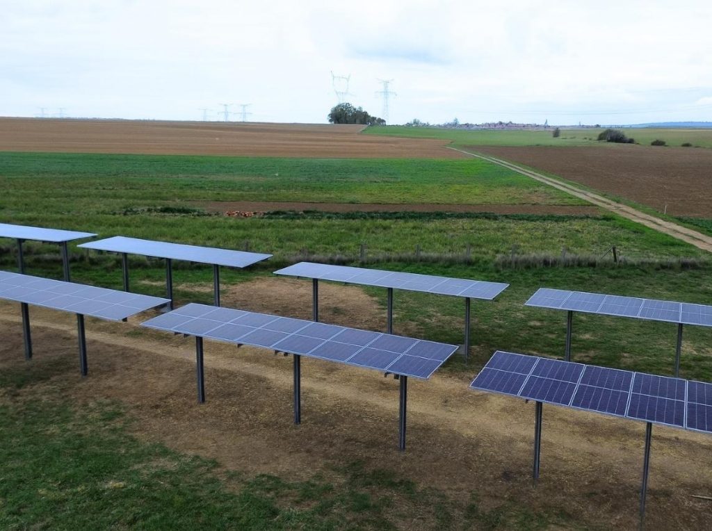 Champs de trackers solaires Terra pour l’agriculture, avec le point le plus bas à 1,80 m, permettant le passage de matériel agricole sous les panneaux orientables suivant la course du soleil.